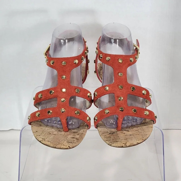 Michael Kors Women’s 9 Cork Wedge Orange Suede Studded Strappy Thong Sandals - Picture 4 of 10